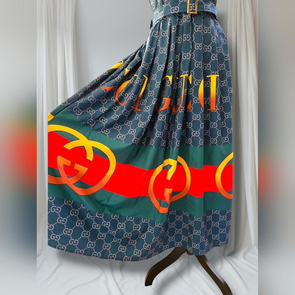 Blue Patterned Maxi Dress with Belt - Picture 4 of 8